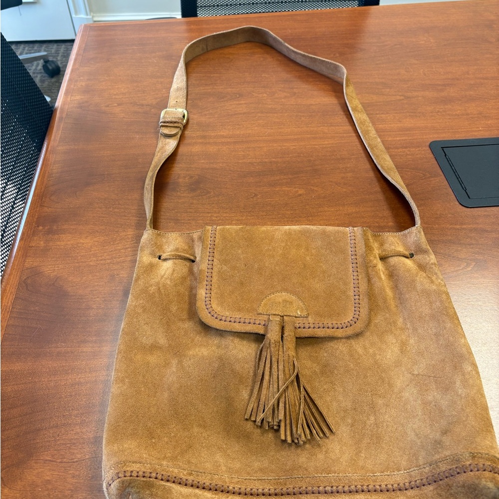 Vintage Real Suede Saddle Bag – Camel Tan – Boho Tassel Crossbody